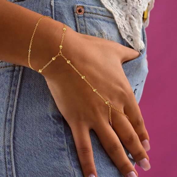 Hand Chain Bracelets for Women - 14K Real Gold Plated Dainty Stackable Paperclip - Picture 4 of 7